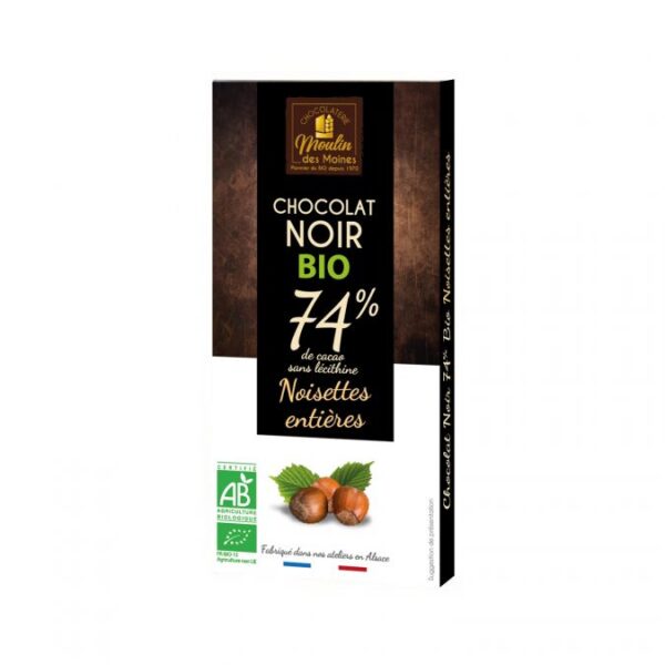 Tablette Chocolat noir 74% aux noisettes entières bio - 100g