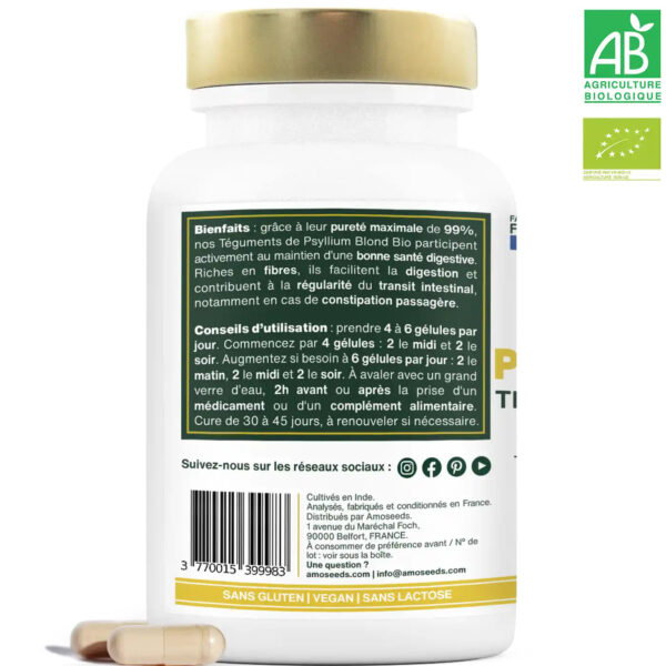 Psyllium Blond Bio, Téguments purs à 99% | 180 gélules de 500mg