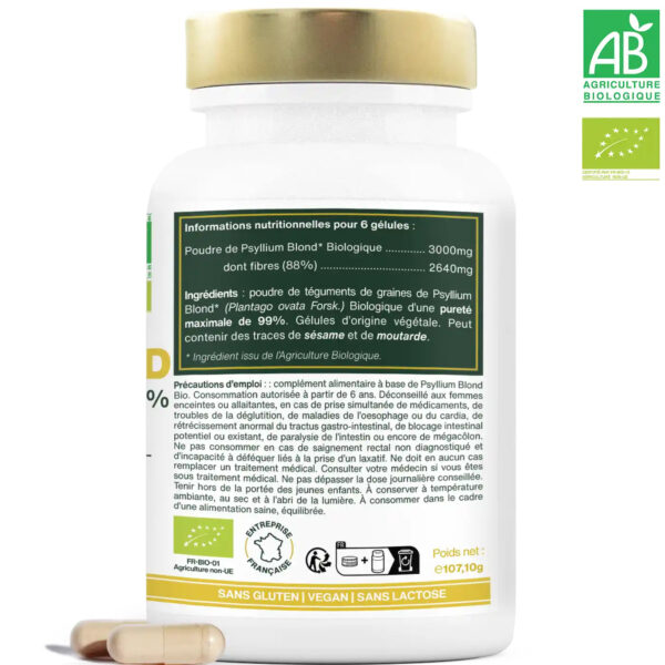 Psyllium Blond Bio, Téguments purs à 99% | 180 gélules de 500mg